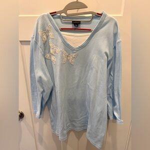 Trilogy by Morning Sun 3X Light Blue Butterfly Embellished V-Neck Top
